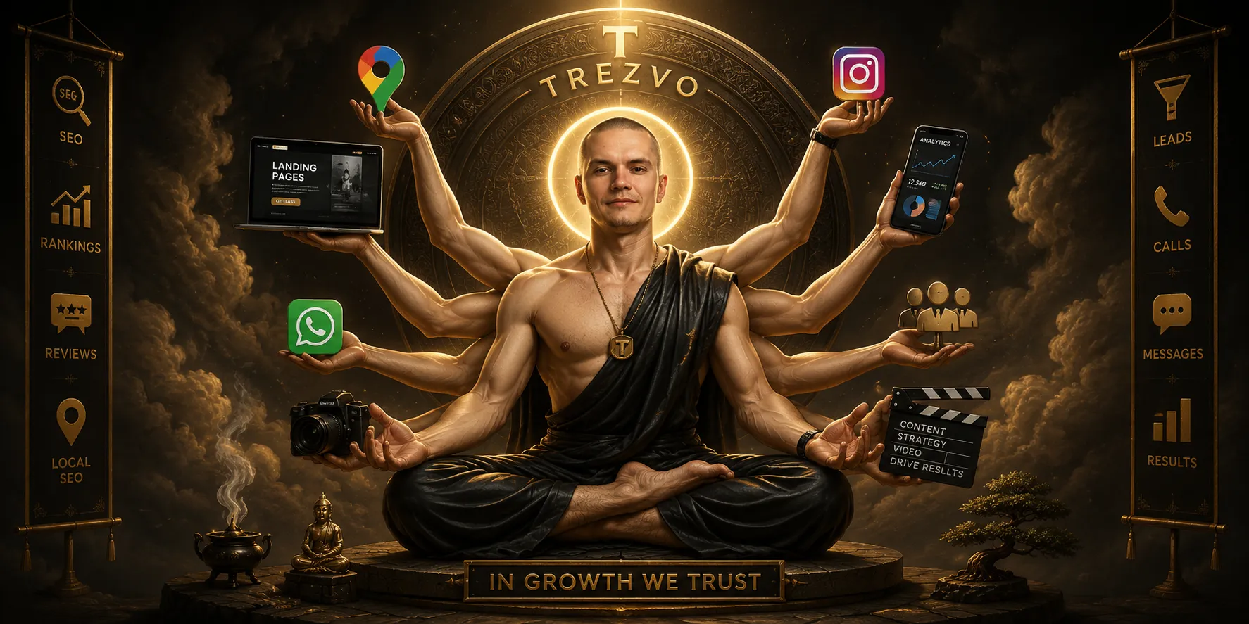 TREZVO brand illustration representing landing pages, Google Business Profile, social media, WhatsApp, analytics and lead-generation services